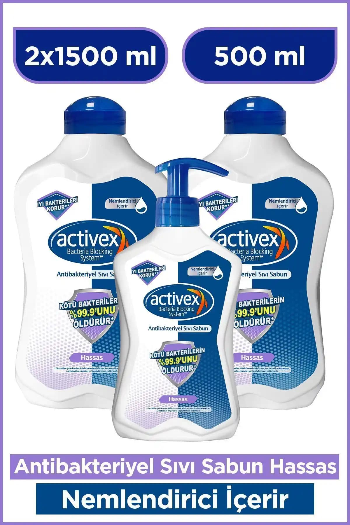 Activex Hassas Ciltler İçin Antibakteriyel Sıvı Sabun 2x1.5 L ve 500 ml Boyutlarda