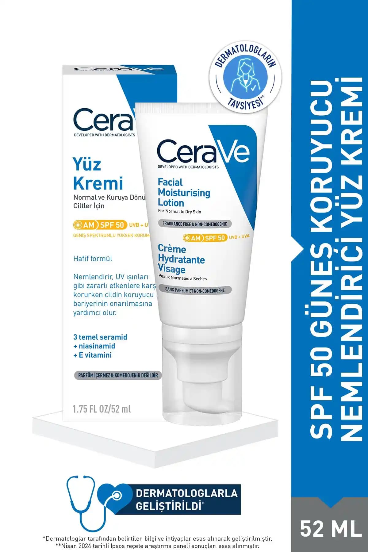 CeraVe SPF50 Nemlendirici Yüz Kremi: Kuru ve Hassas Ciltler İçin Gelişmiş Koruma ve Nem Sağlar