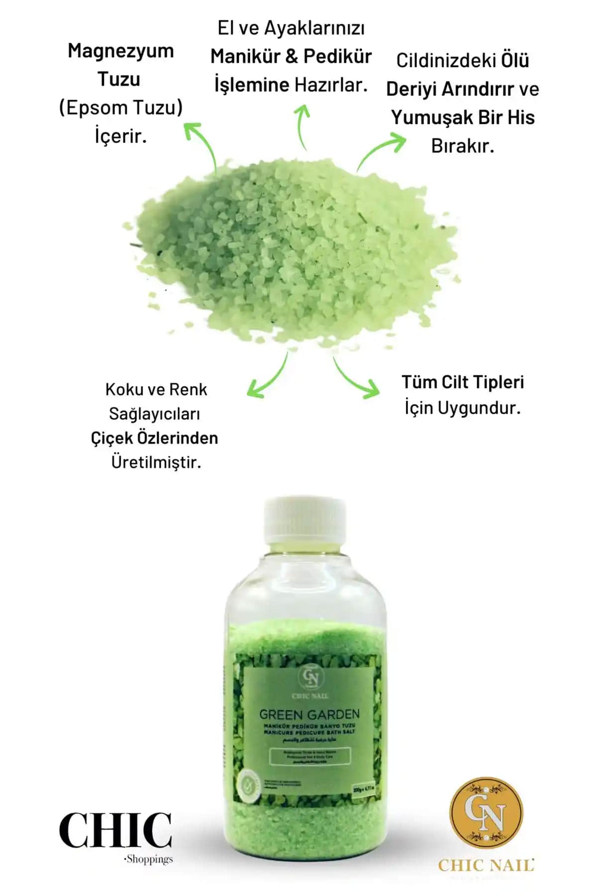 Chic Nail Green Garden Banyo Tuzu Doğal ve Rahatlatıcı Kas ve Cilt Bakım Ürünü