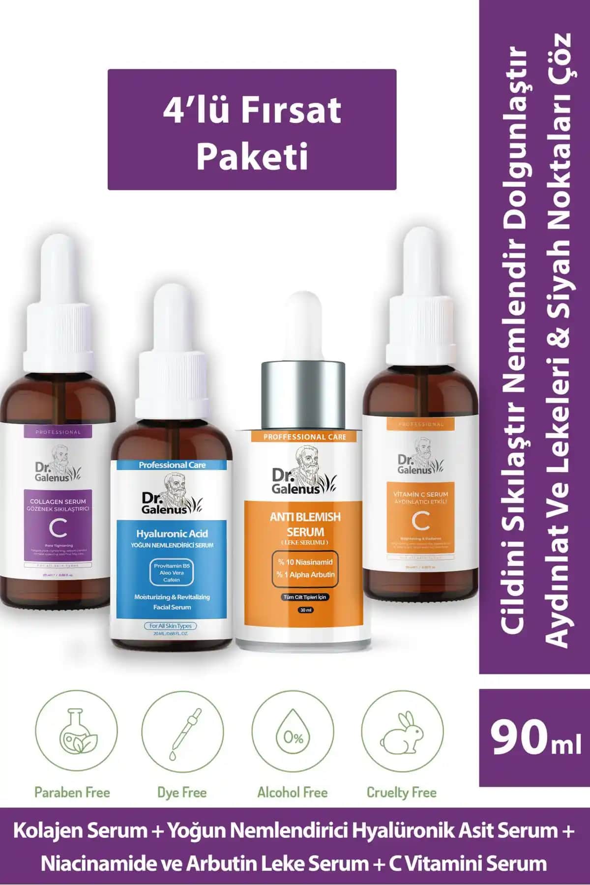 Dr. Galenus Kolajen ve C Vitamini İçeren Dörtlü Bakım Serum Seti (90 ML)