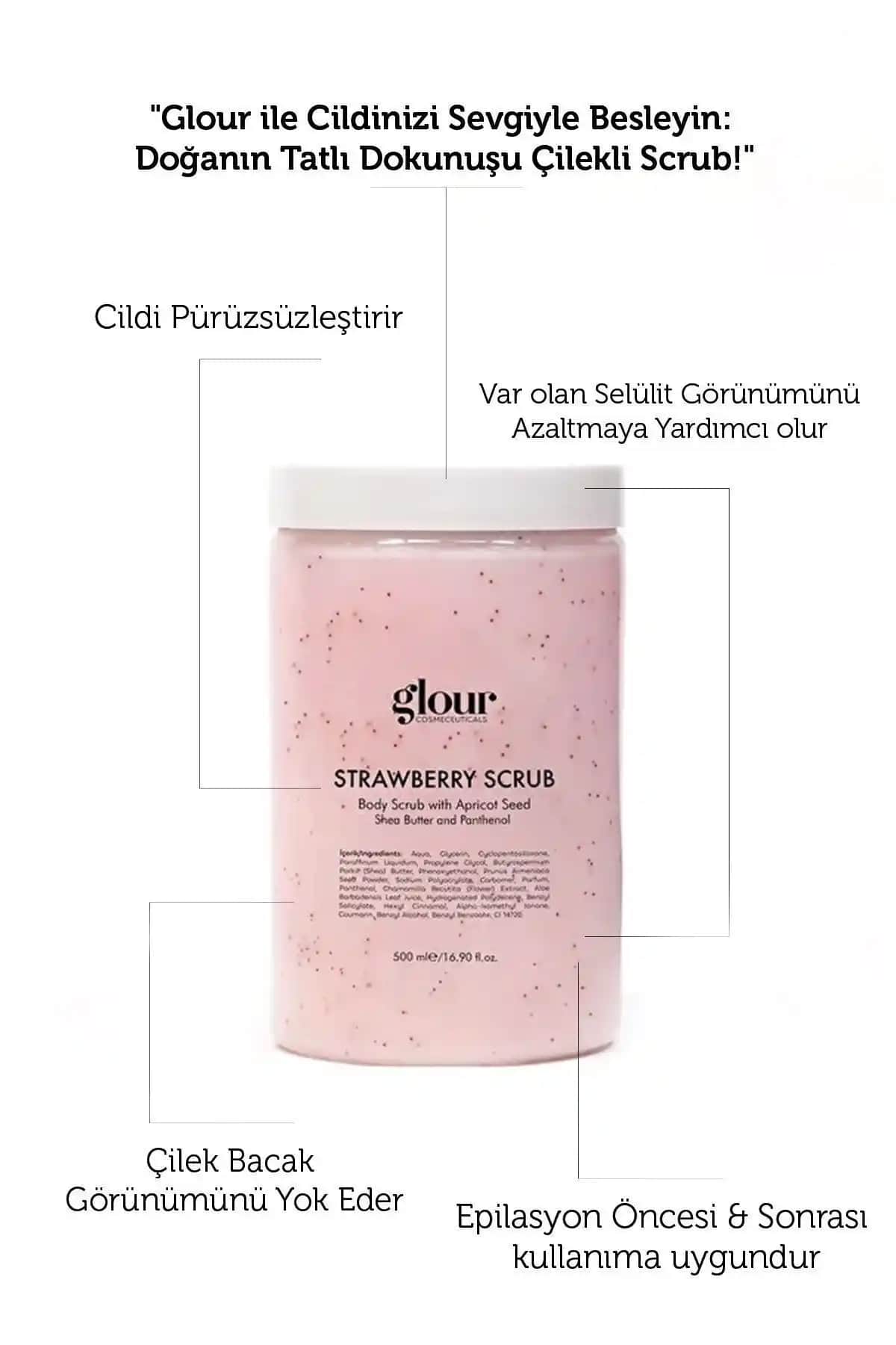 GLOUR Çilekli Peeling ve Nemlendirici Scrub Doğal ve Ferahlatıcı Cilt Bakım Ürünü