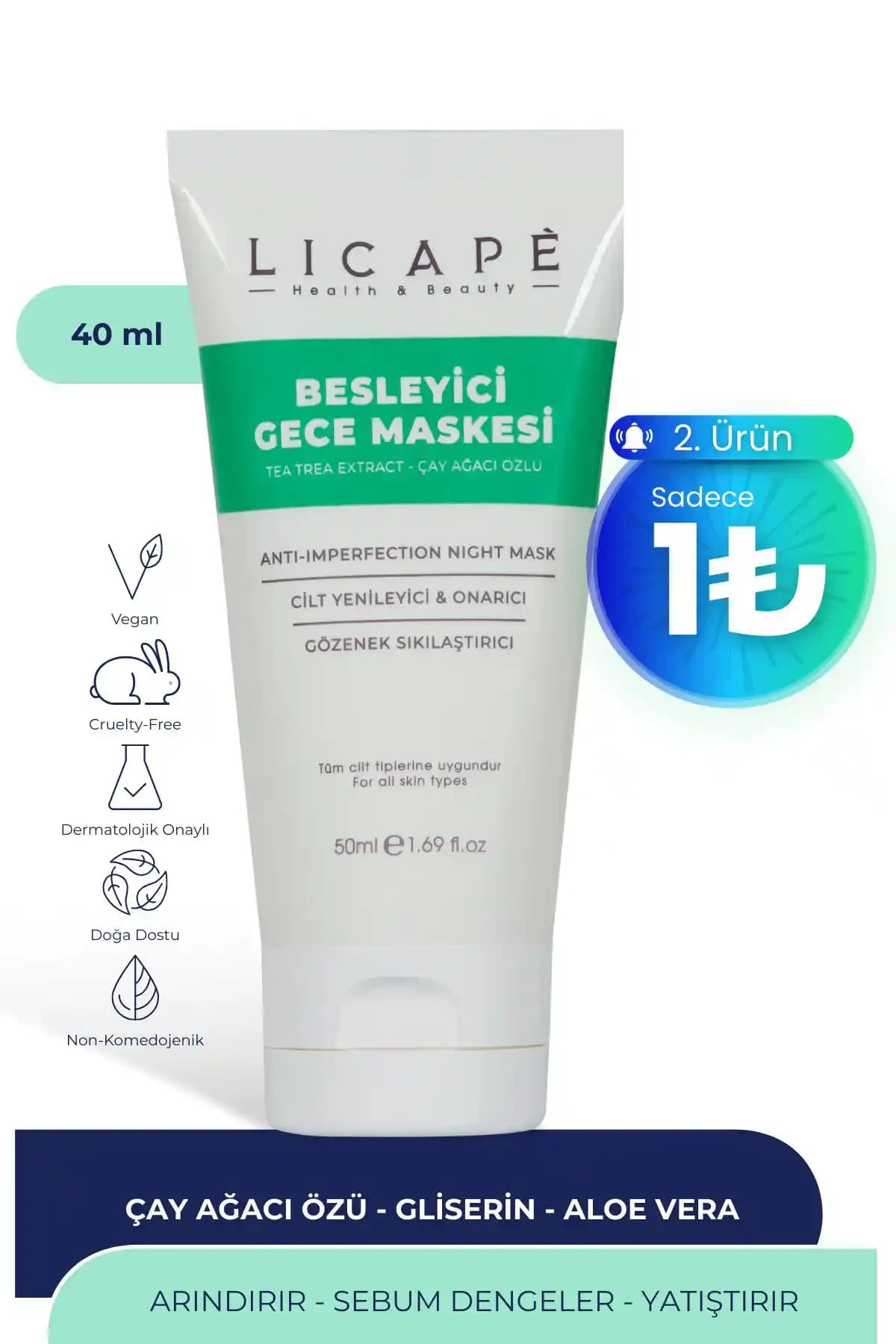 Licape Besleyici Gece Maskesi Çay Ağacı Özlü Doğal ve Anti-Aging Cilt Bakım Ürünü