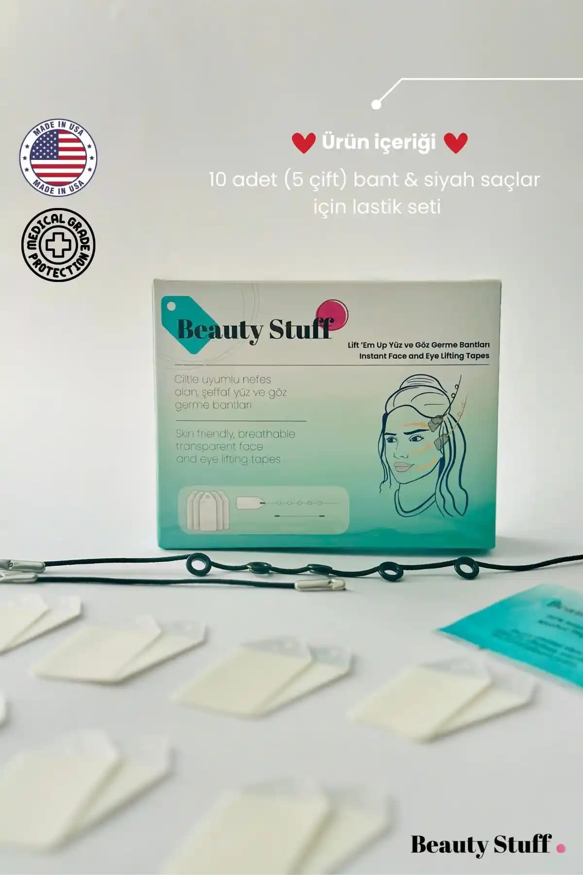 Lift Em Up Siyah Lastikli Yüz ve Göz Germe Bantları Günlük ve Özel Kullanım İçin