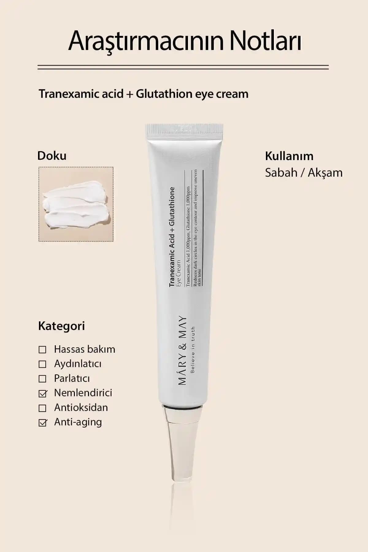 Mary & May Tranexamic Acid ve Glutathione İçeren Göz Çevresi Kremi: Parlaklık ve Nem Sağlayan Güçlü Formül