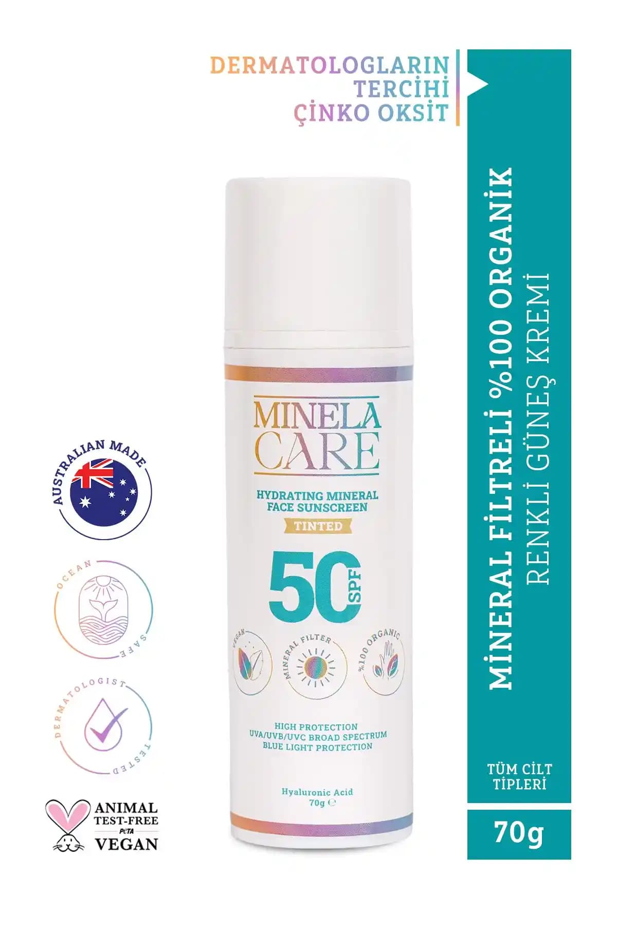 Minelacare Hyalüronik Asitli Organik Mineral Filtreli Yüksek Koruma Güneş Kremi SPF 50 ile Cilt Güvenliğinizi Sağlayın