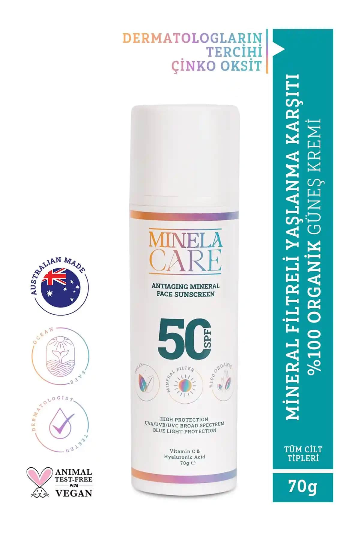 Minelacare Organik Mineral Filtreli Güneş Kremi SPF 50+ Hassas ve Çevre Dostu Koruma