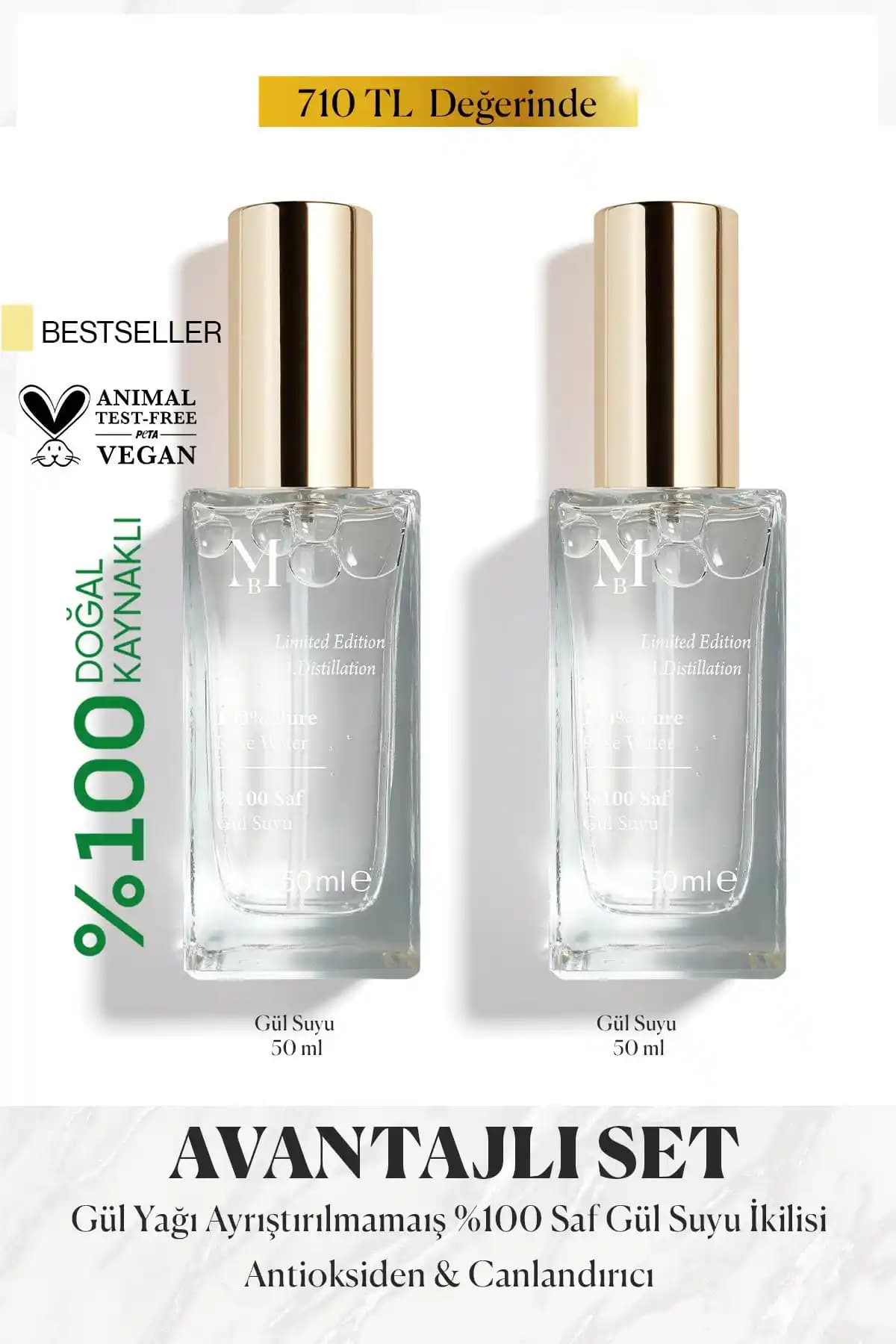 MİSBAHÇE Saf Gül Suyu 50 ml 2'li Set Doğal ve Ferahlatıcı Cilt Bakım Ürünü