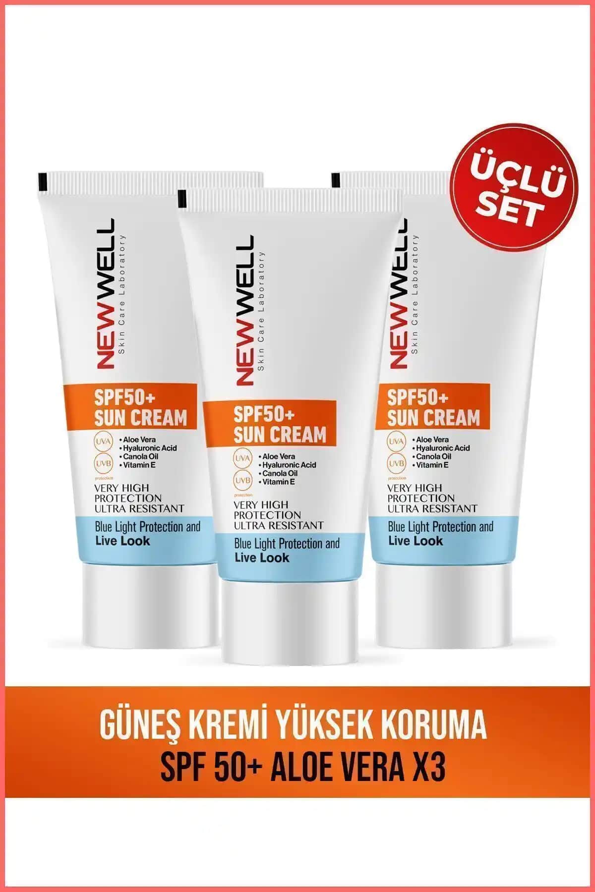 New Well 3 Adet Güneş Kremi Seti SPF 50+ Aloe Vera ile Yüksek Koruma ve Doğal İçerik