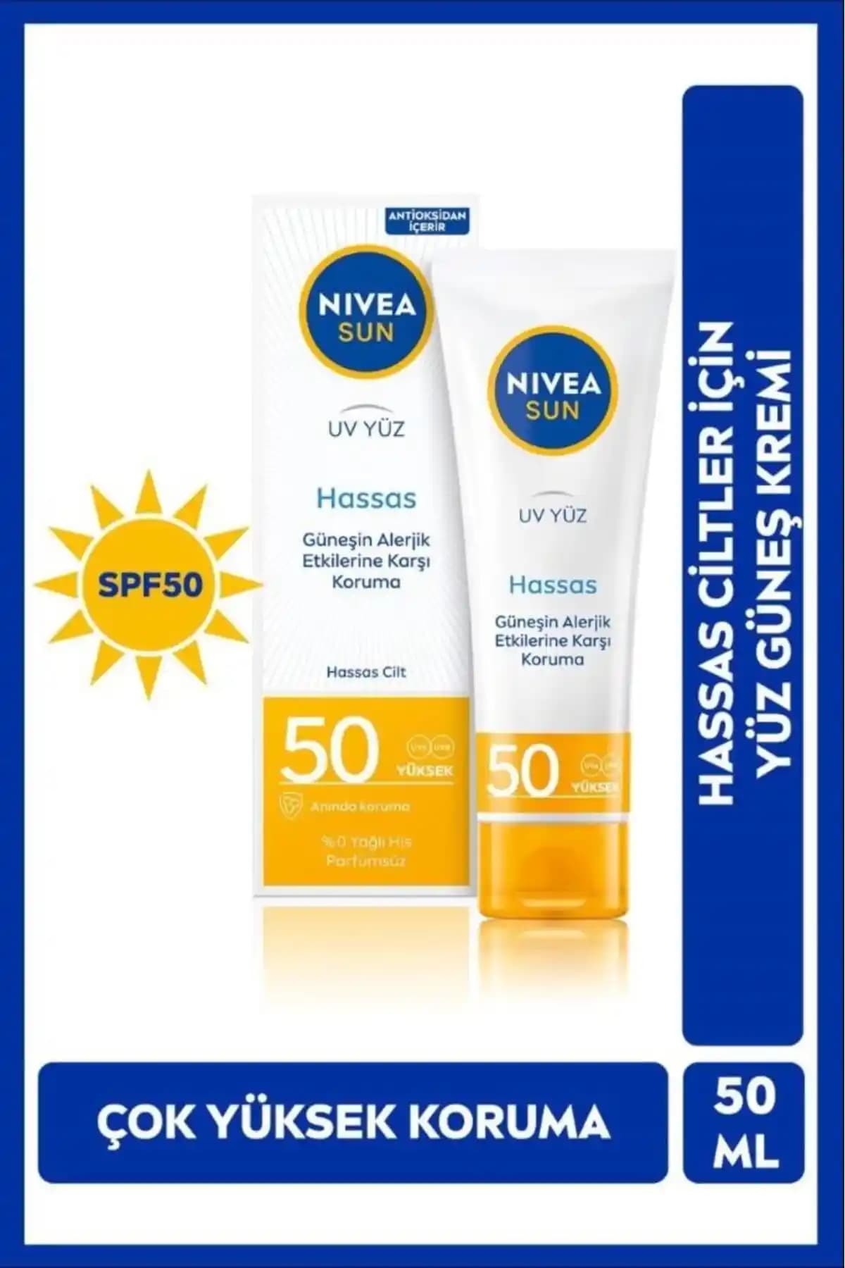 NIVEA SUN SPF50 Hassas Yüz Güneş Bakım Kremi: Hassas ve Alışkanlıklar İçin Yüksek Koruma