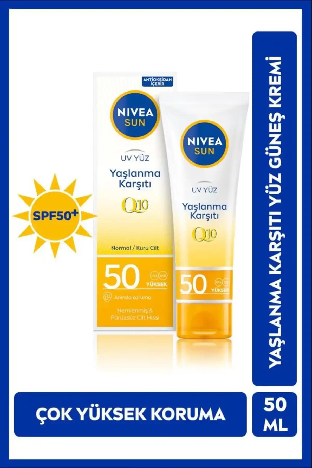 NIVEA SUN SPF50 Q10 Yaşlanma ve Kırışıklık Karşıtı Yüz Kremi - Yüksek Koruma ve Yenileme Özelliği