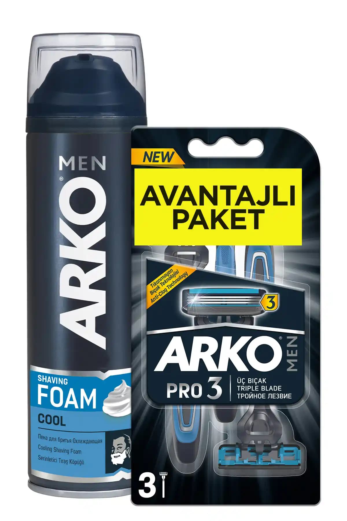 Arko Men Men T3 Pro 3 Bıçaklı Tıraş Bıçağı ve Cool Tıraş Köpüğü Avantaj Paketi