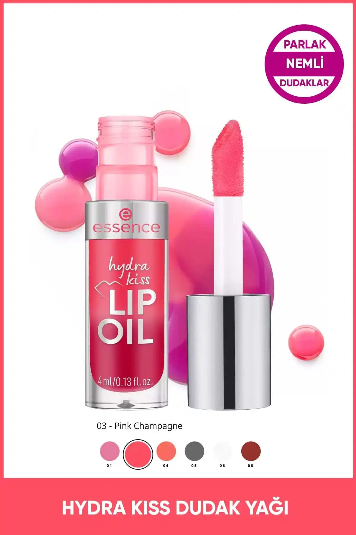 Essence Hydra Kiss Lif Oil Dudak Parlatıcısı Pink Champagne ile doğal parlaklık ve bakım sağlar