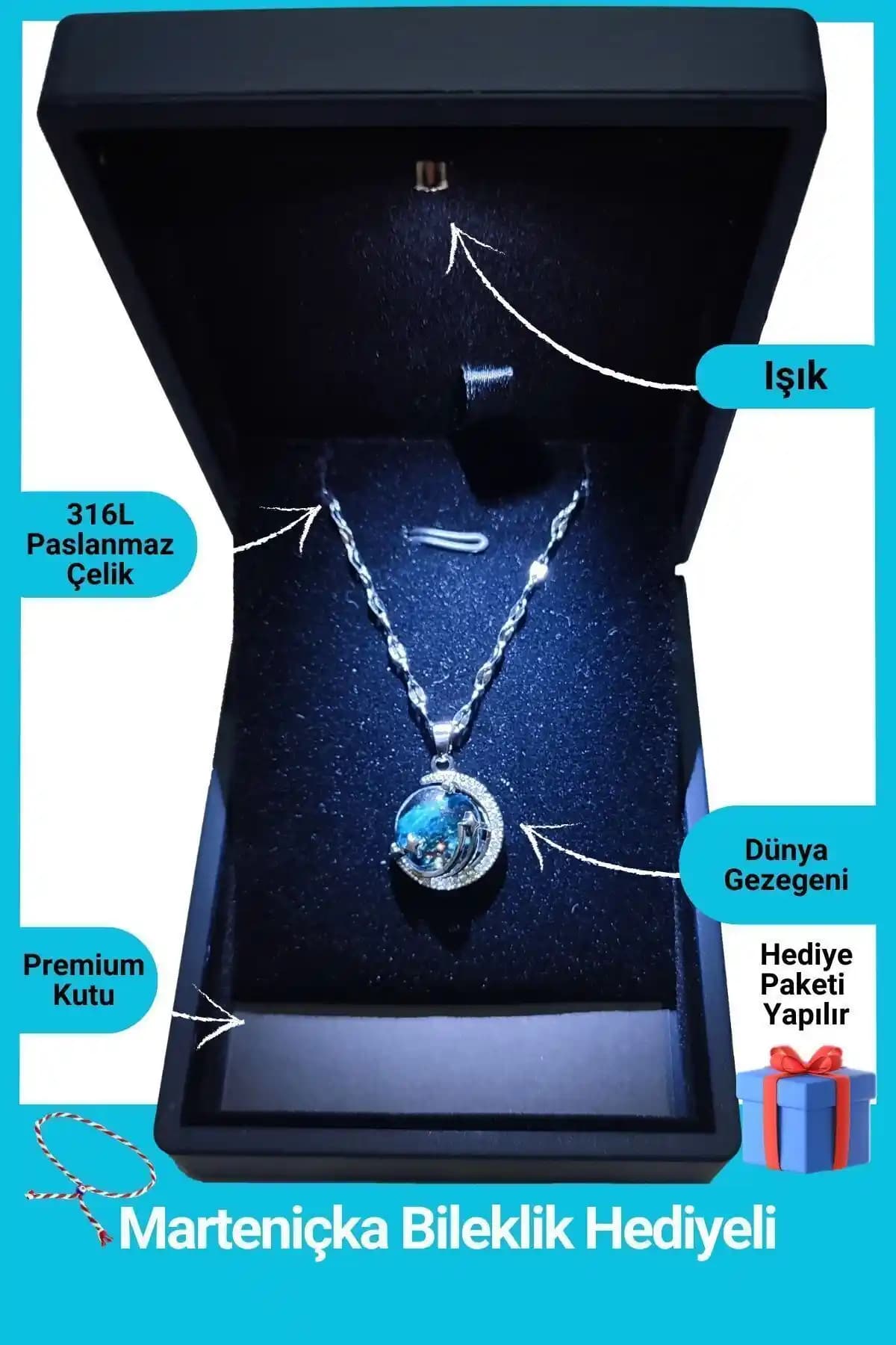 Gökyüzü ve Gezegen Temalı Paslanmaz Çelik Kolye - Şık ve Dayanıklı Takı Seçeneği