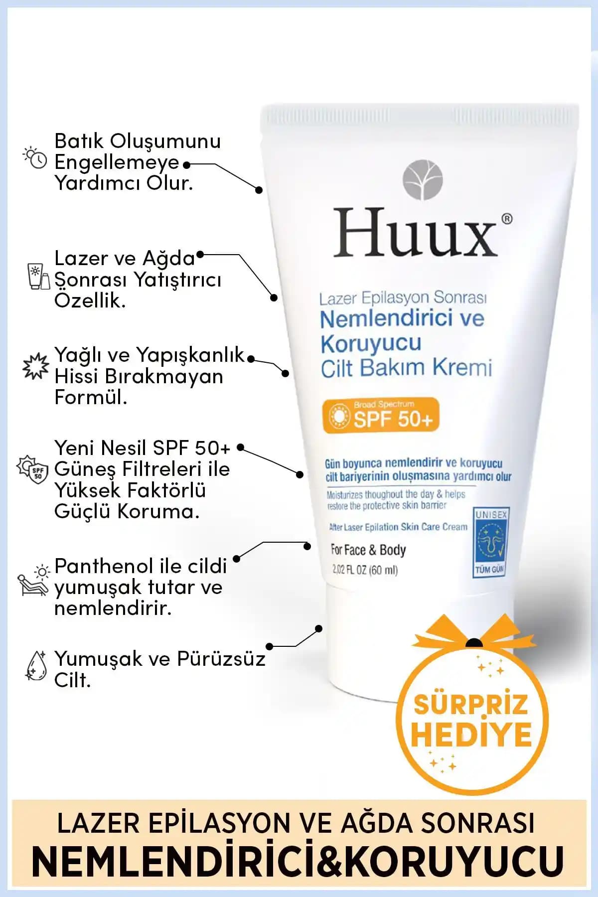 Huux Lazer Epilasyon ve Ağda Sonrası Güneş Koruyucu Losyon Kremi 60 ml