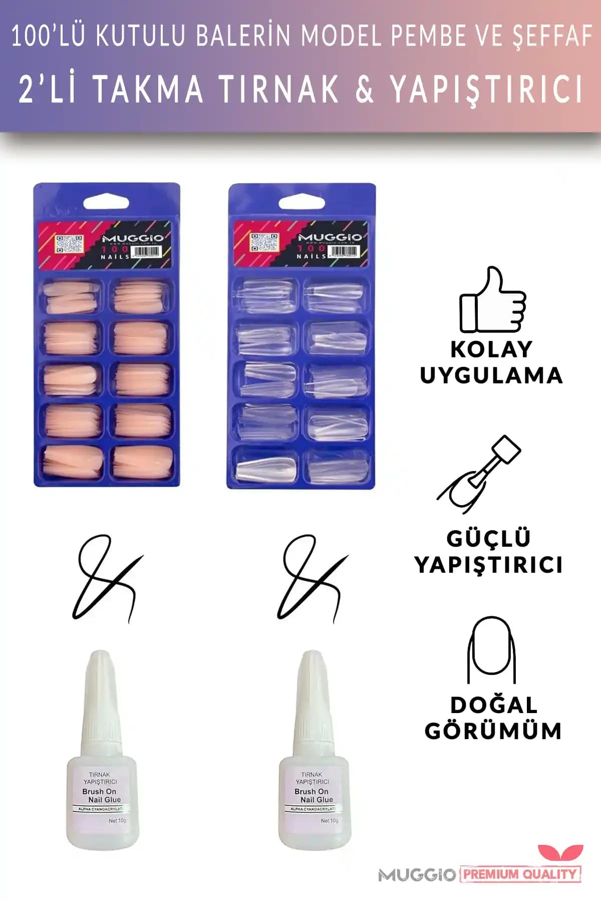 Muggio 100'lü Balerin Protez Tırnak ve Yapıştırıcı Seti ile Şık ve Doğal Görünüm