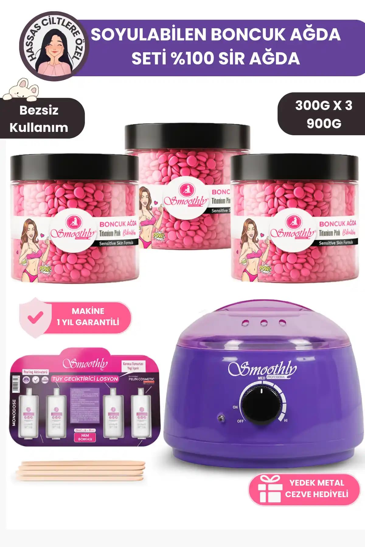 Smoothly 3 Adet Pudralı Soyulabilen Boncuk Ağda Seti Profesyonel ve Ev Kullanımı İçin Uygun