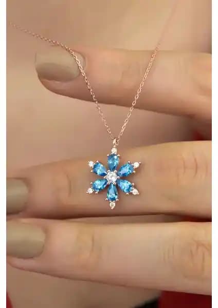 Zanaat Silver Güçlü Zincirli Aqua Taşlı Lotus Kamelya Çiçeği Kolye