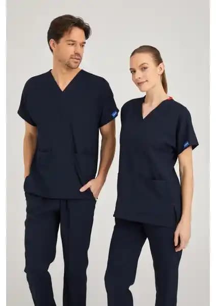 Pozitif Üniforma Lacivert Likralı Hemşire Forması: Unisex Cerrahi Scrubs İçin Konfor