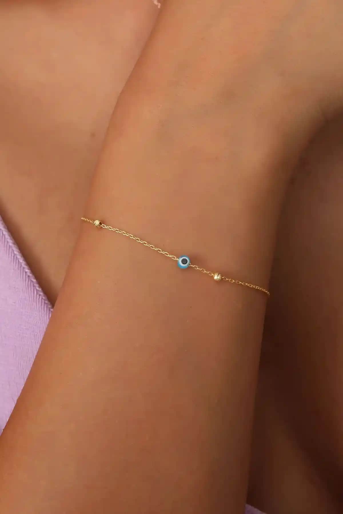 925 Ayar Gümsüz Zincirli Altın Kaplama Nazar Boncuğu Toplu Bileklik Ürünü