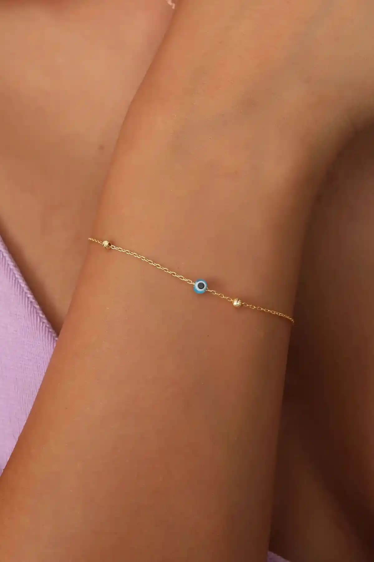 925 Ayar Gümsüz Zincirli Altın Kaplama Nazar Boncuğu Toplu Bileklik Ürünü