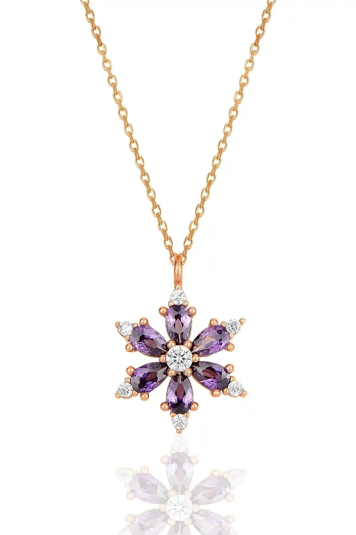 925 Ayar Gümüş Rose Kaplama Ametist Damla Taşlı Kamelya Lotus Çiçeği Kolye