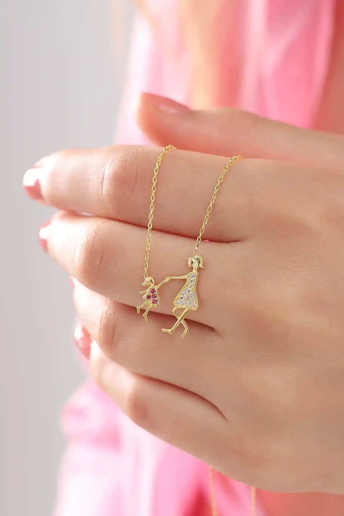 925 Ayar Gümüş Zincirli Anne Çocuk Sevgi Kolyesi Beyaz Zirkon Taşlı Şık Tasarım