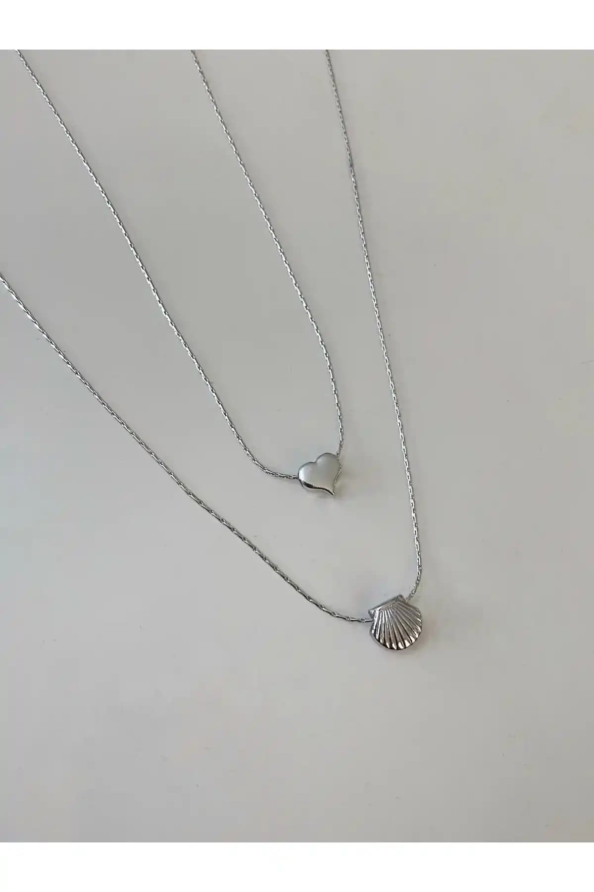 Asia by Leuvoié Gümüş Kaplama Kalp ve İstiridye Kolye Seti ve Zirkon Taşlı Tasarımlar