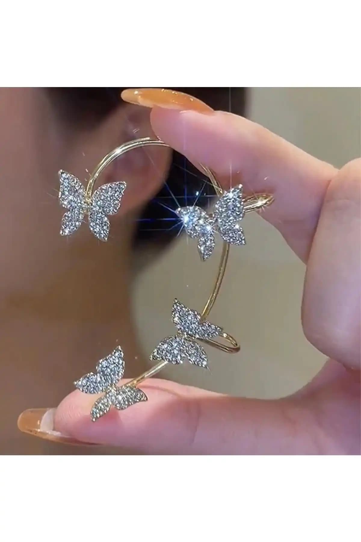 BAHELS Gold Renk Tekli Zirkon Taşlı Kelebek Earcuff Kaliteli ve Şık Tasarım