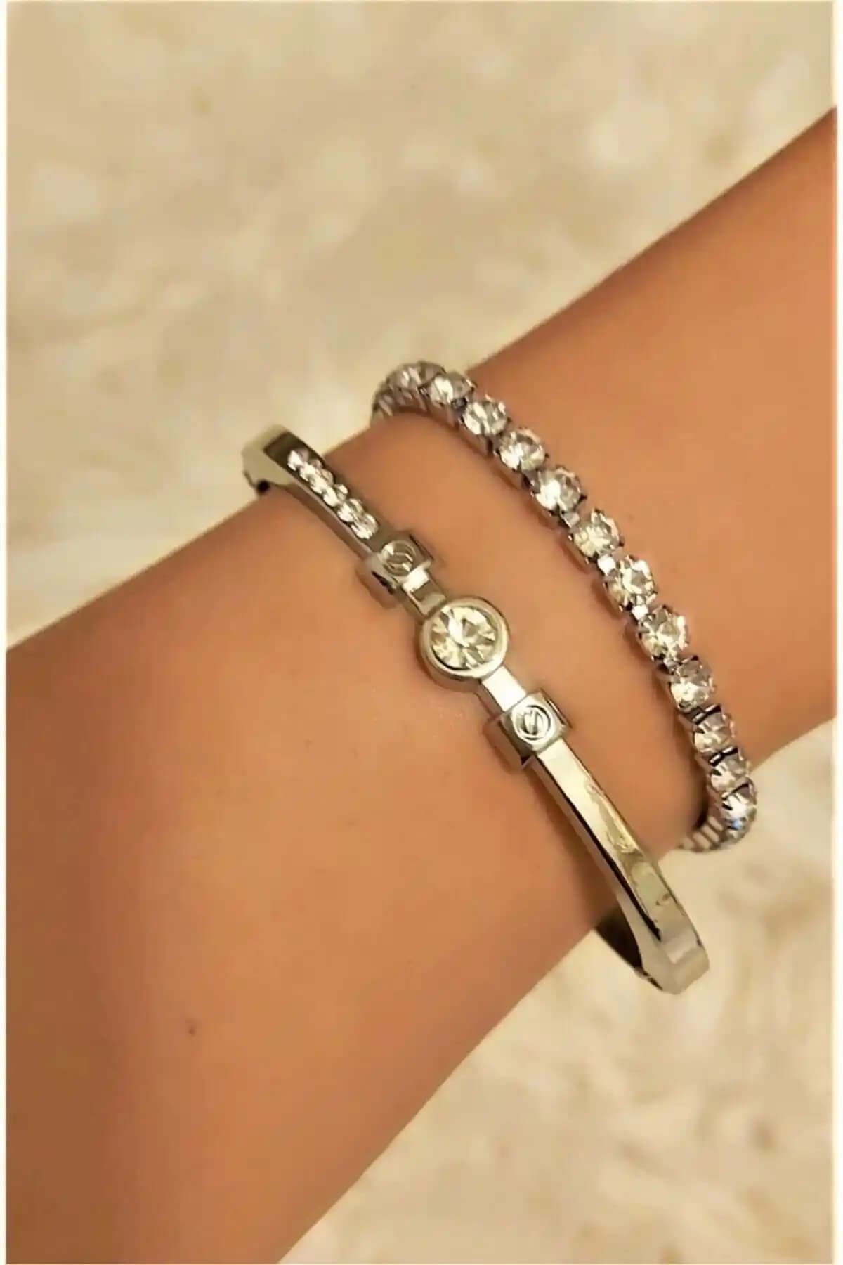 BERS AKSESUAR Taşsız Gümüş Kelepçe Su Yolu Bileklik Seti Modern ve Şık Tasarım