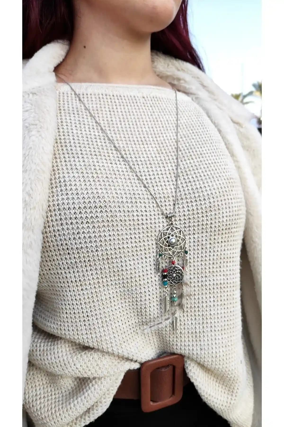 Bideğişiktakı Düş Kapanı Unisex Uzun Kolye Gümüş Sembol ve Şıklık Bileşimi