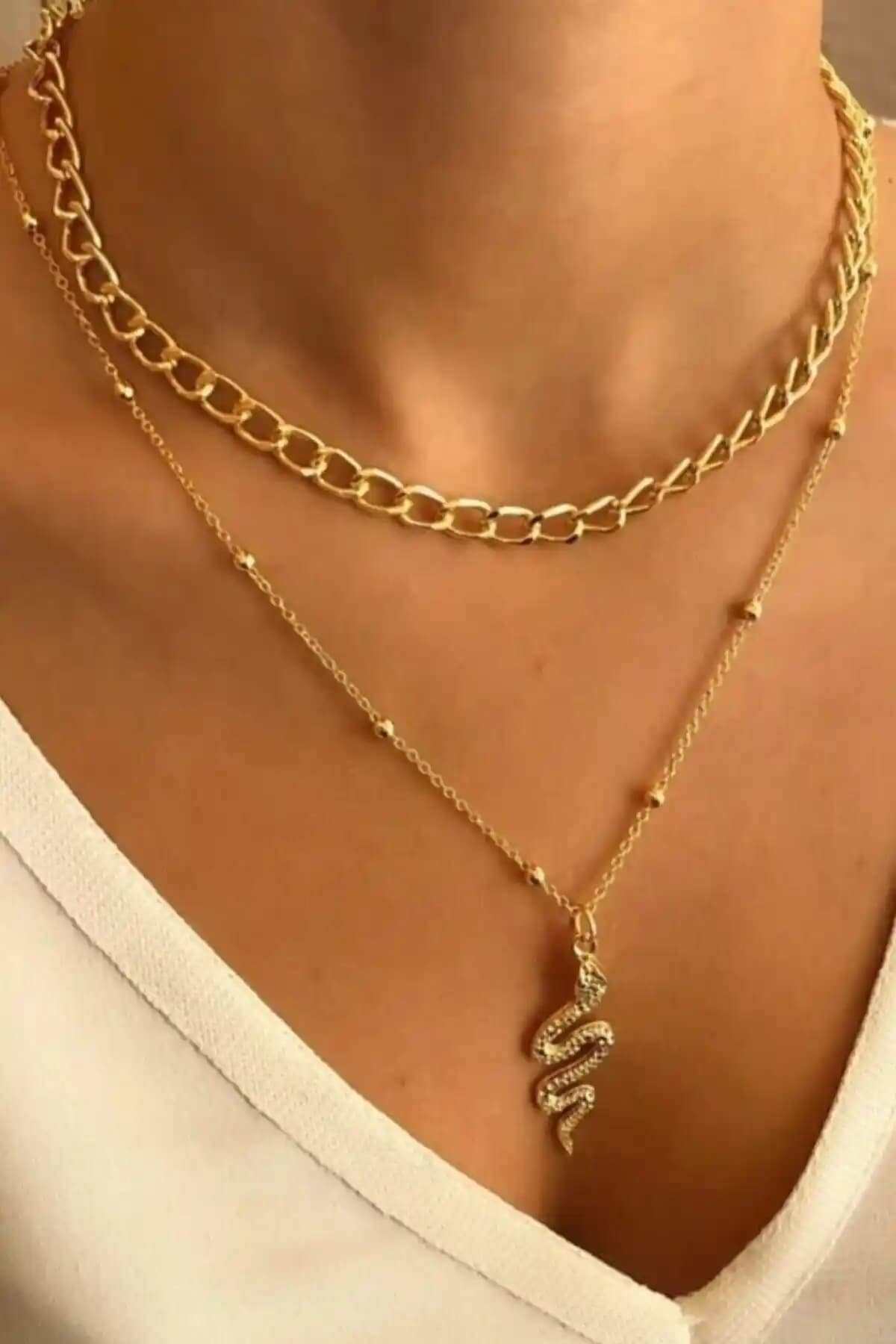 ÇEHRELİZE Yılan Kadın Kolyesi 2’li Kombin Altın ve Gümüş Renkli Zarif Tasarım