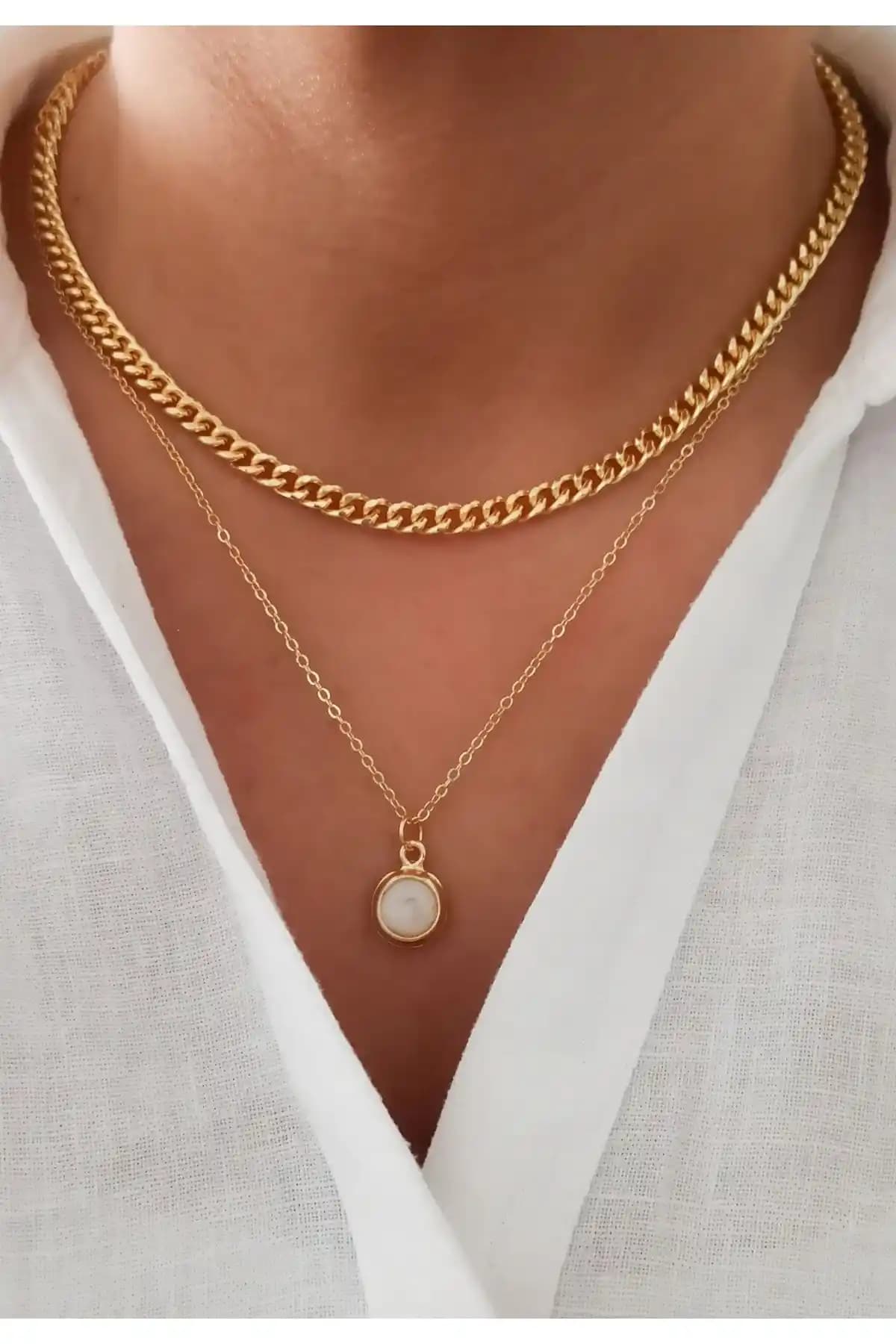 Denizdenal Klasik Zincir Sedef 2li Kombin Seti Günlük ve Özel Günler İçin Şık Aksesuar
