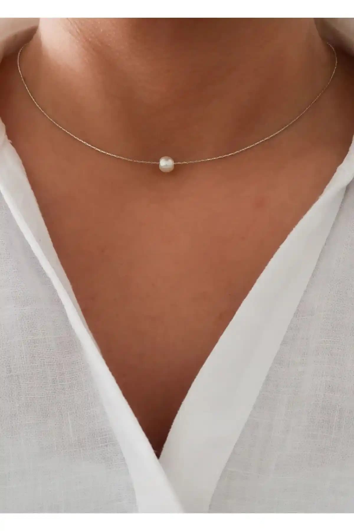 Denizdenal Tek İncili Zincir Gümüş Renk Kaplama Kadın Takı Şıklığı ve Zarafeti