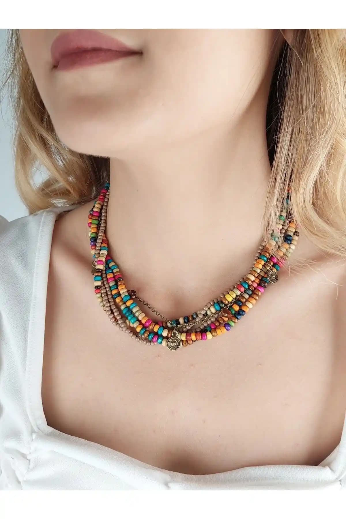 El Yapımı Bohem Kan Kolyesi Doğal Taş ve Renkli Boncuklarla Özgün Tasarım
