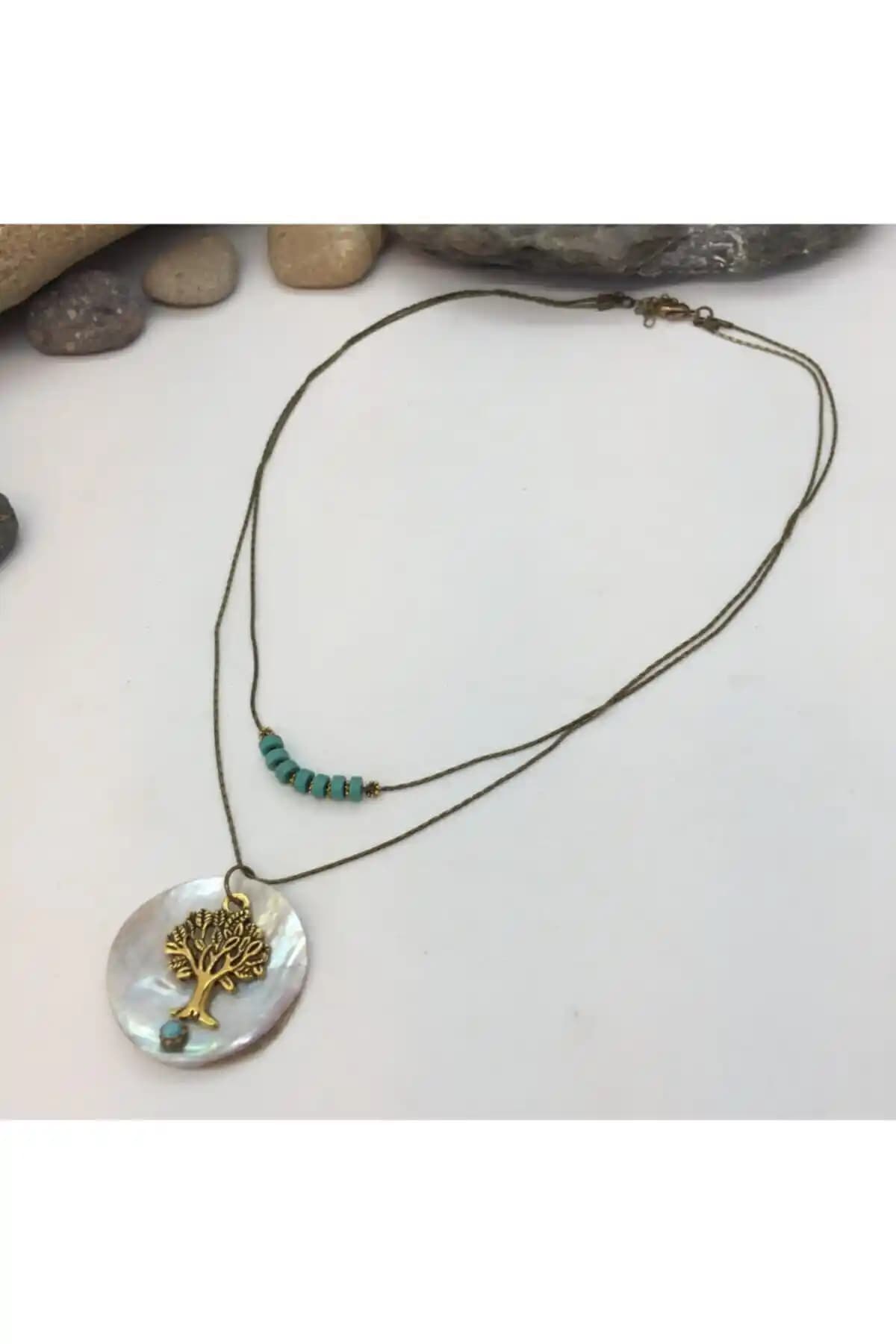 El Yapımı Hayat Ağacı Sedef Kolye - Doğal Taş ve Pirinç Malzeme ile Özgün Tasarım