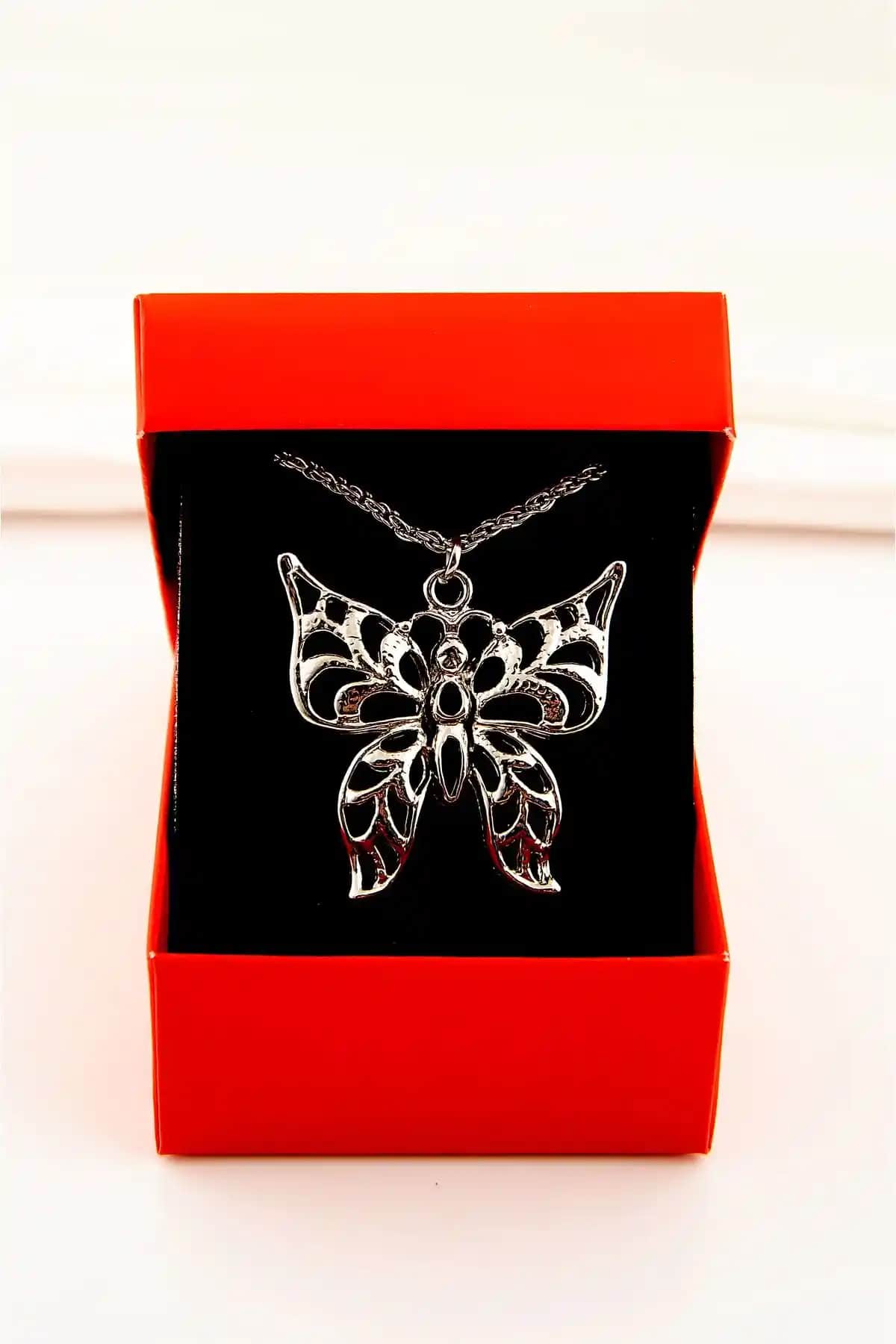 EUROMODA Büyük Kelebek Tasarımlı Gümüş Kaplamalı Uzun Zincirli Kolye İnce ve Zarif Tasarım