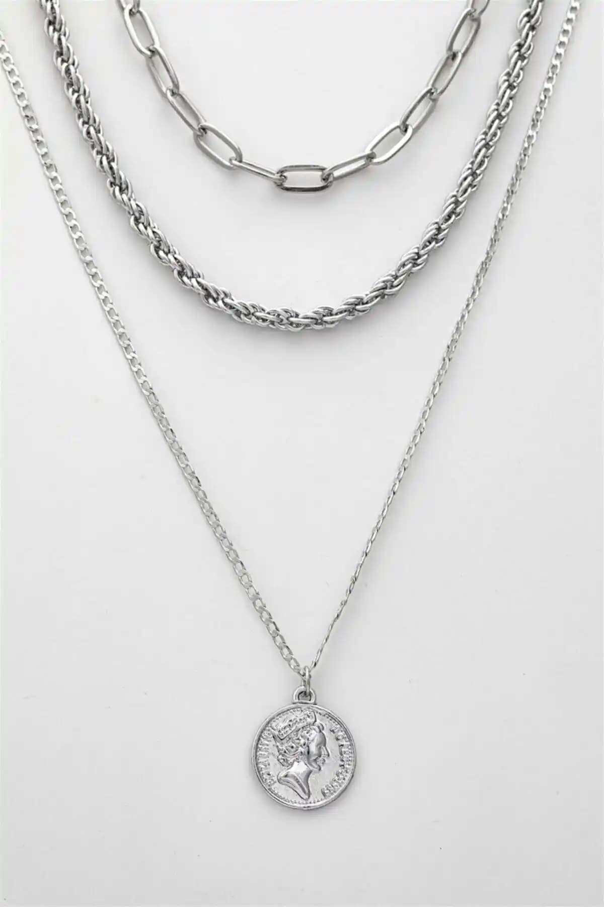 FullControl Kadın Gümüş Renk Madalyon Kombin Çoklu Kolye Şık ve Çok Yönlü Aksesuar