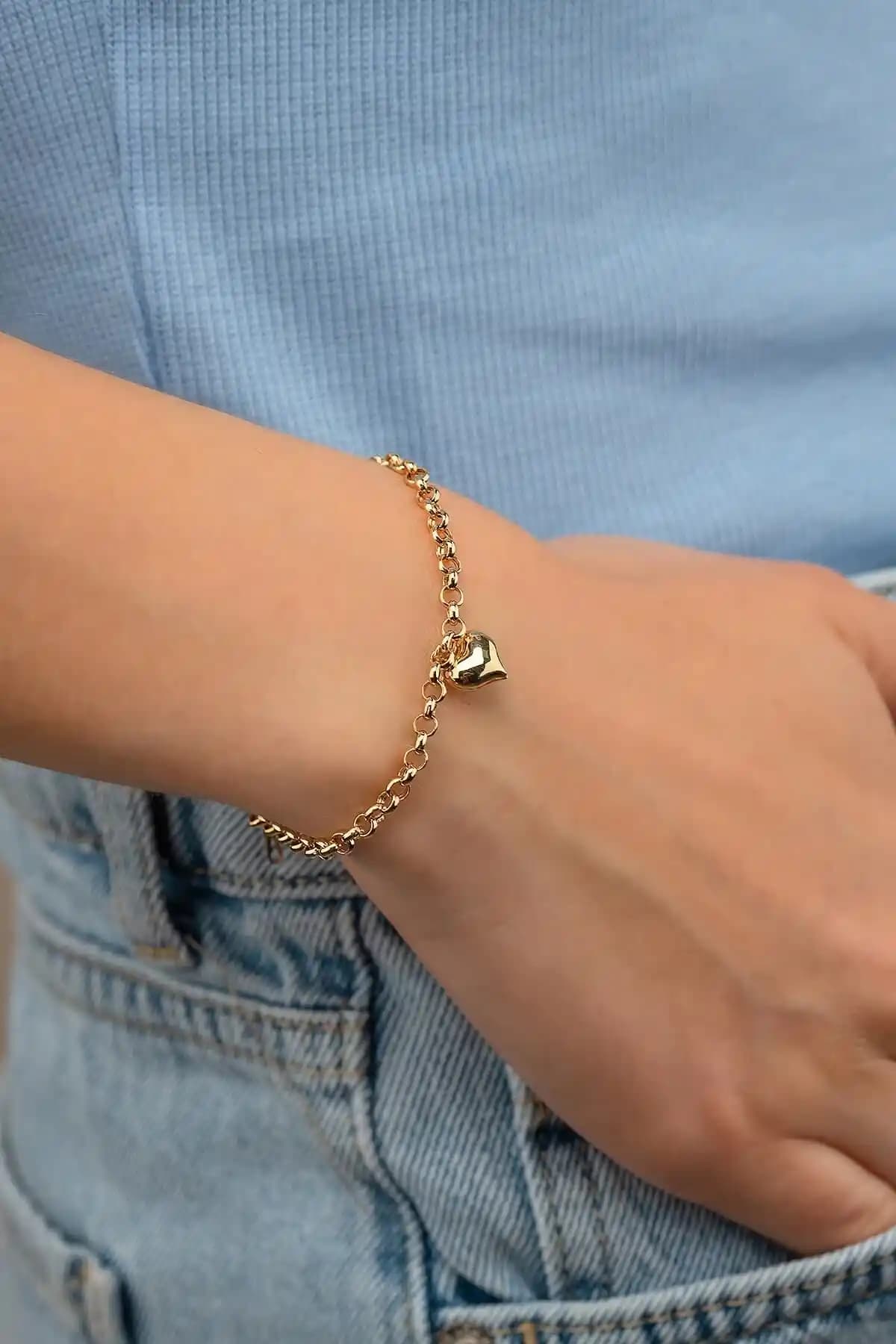 GençTaş Kuyumculuk 14 Ayar Altın Kalp Zincirli Kadın Bileklikleri