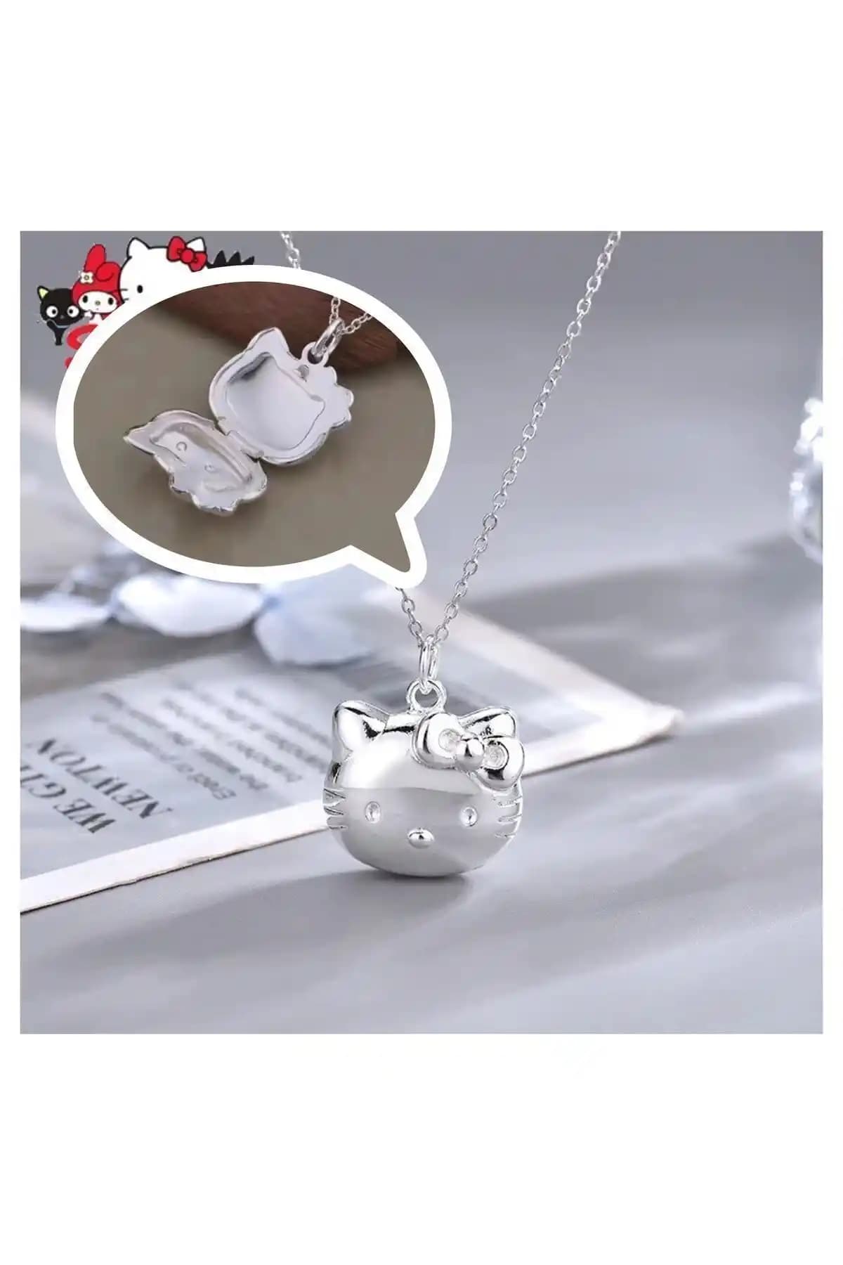 Hello Kitty Açılabilir Kedi Kapaklı Kolye Gümüş Kaplama, Günlük ve Özel Günler İçin Uygun