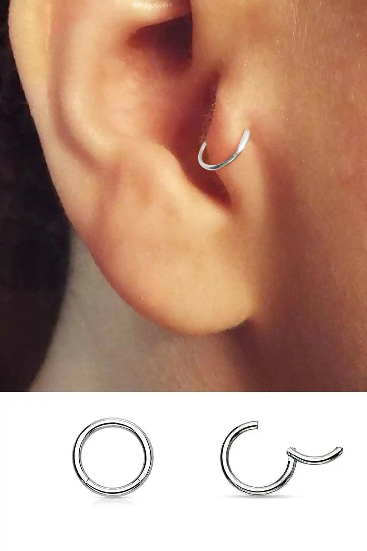 Jaida Moda Unisex Gümüş 316L Cerrahi Çelik Menteşeli Kulak Piercingleri