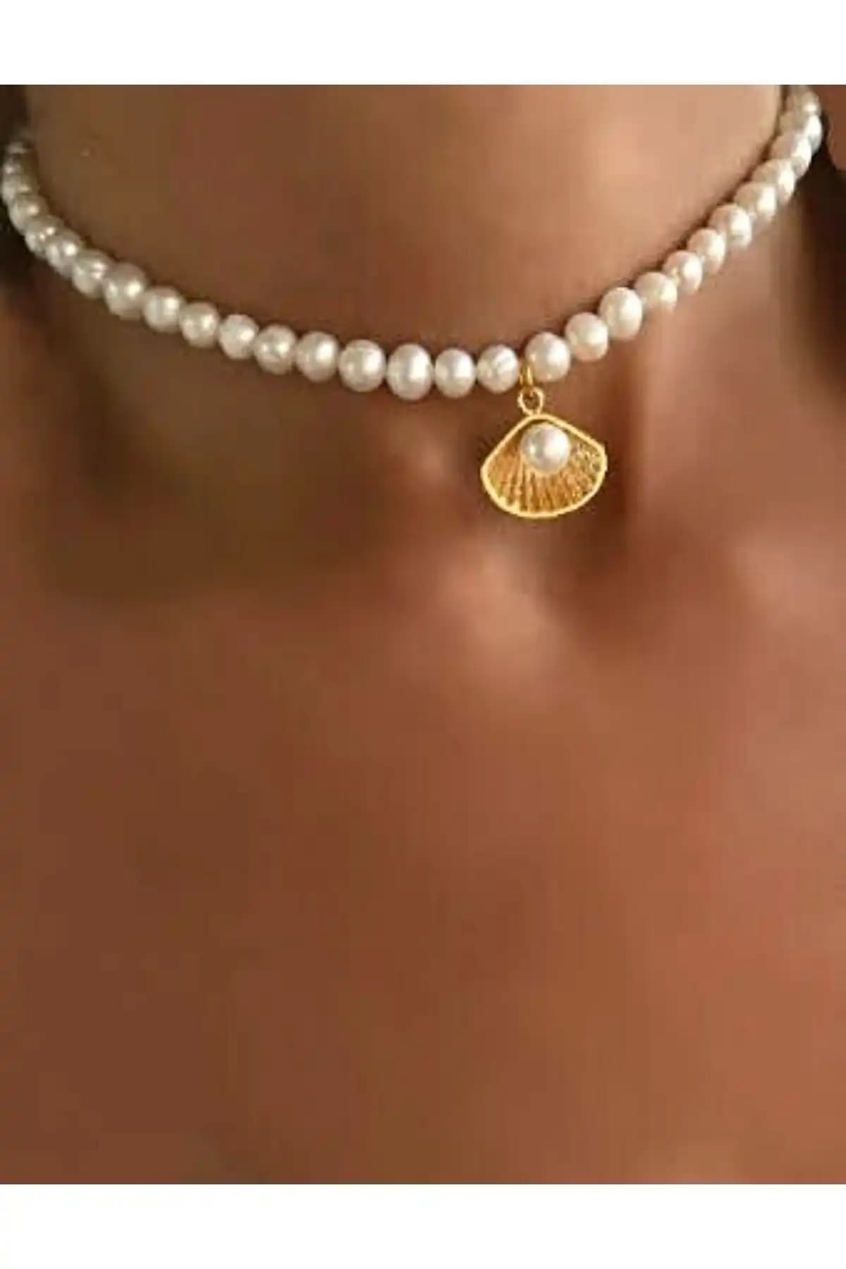Kadın Beyaz İnci Deniz Kabuğu Choker Tasma Kolye Şık ve Dayanıklı Tasarım