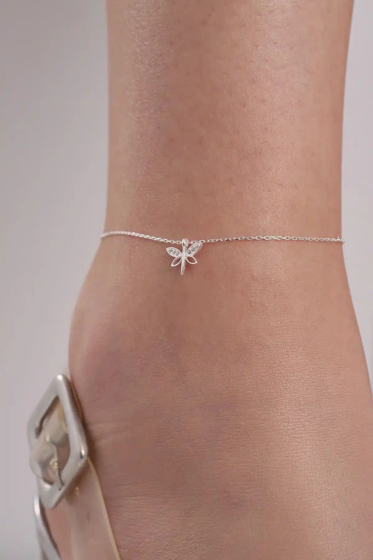 Kadınlar İçin 925 Ayar Gümüş Zirkon Taşlı Minimal Yusufçuk Halhal