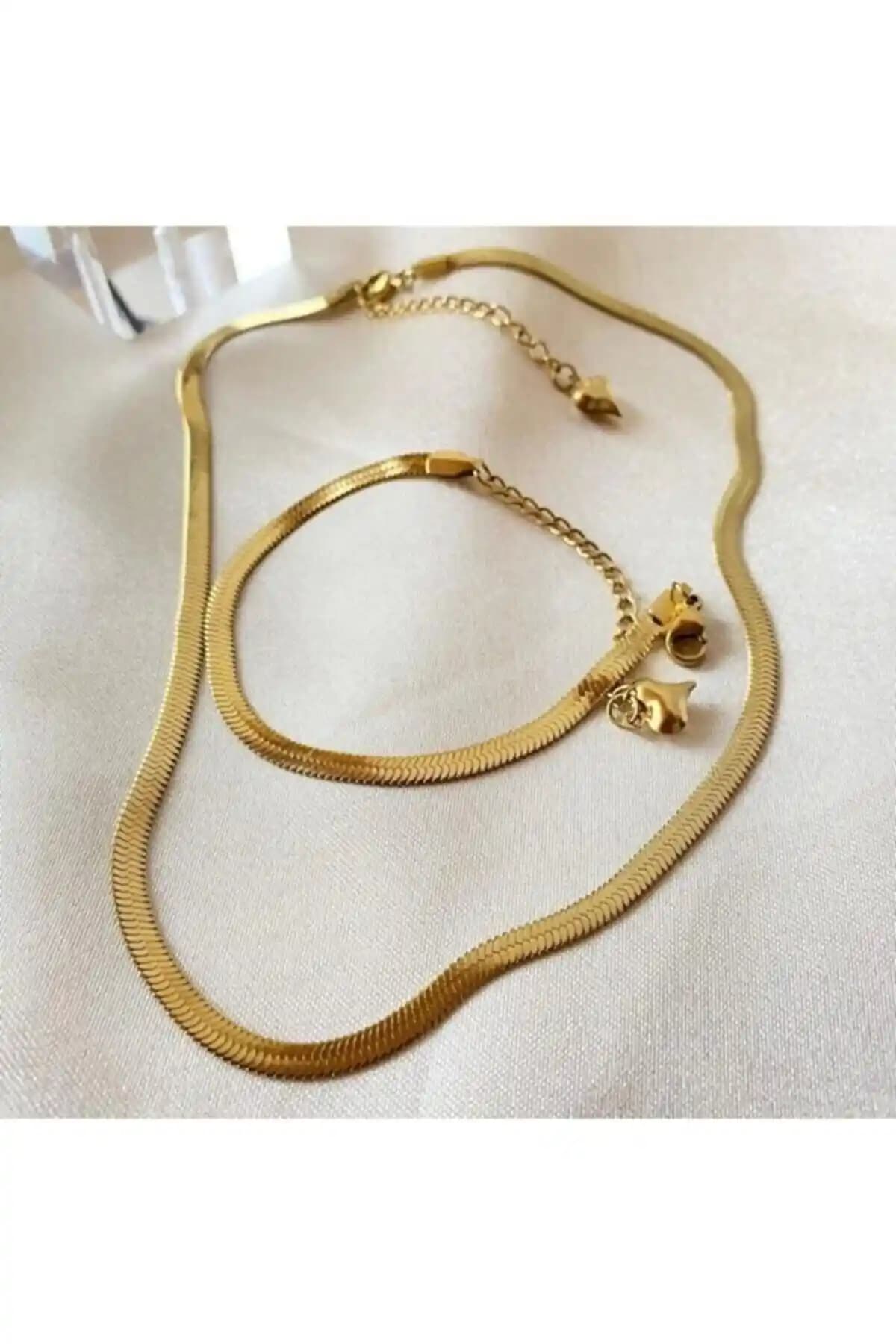 Kadınlar İçin Modern Altın Kaplama Yassı Zincir Takı Seti 45 cm Kolye ve 21 cm Bileklik