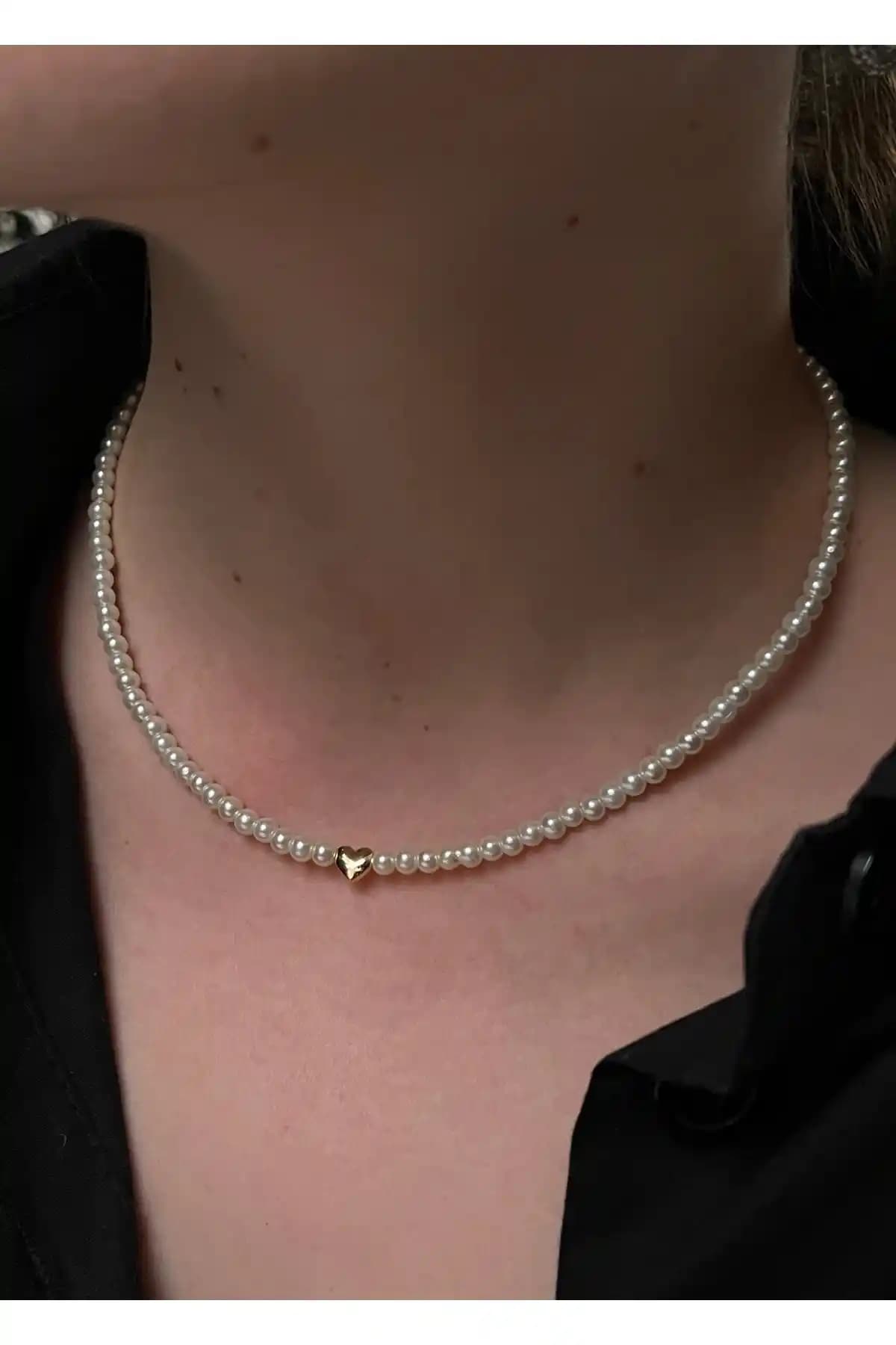 Kılıgıstanbul Incili Gold Kalpli ve Pearl Barok Kolye 40 Cm Şık ve Dayanıklı Takı