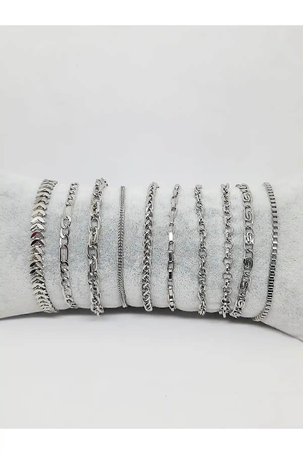 Kusakli 10'lu Gü<müş> Renk Zincir Bileklik Seti Şıklık ve Dayanıklılık Sunar