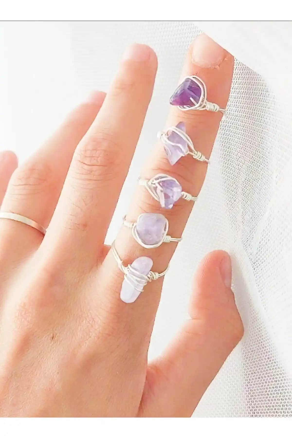 Mıçı Takı Silver Doğal Taş Yüzükler Karşılaştırması Ametist ve Pembe Kuvars Tasarımları