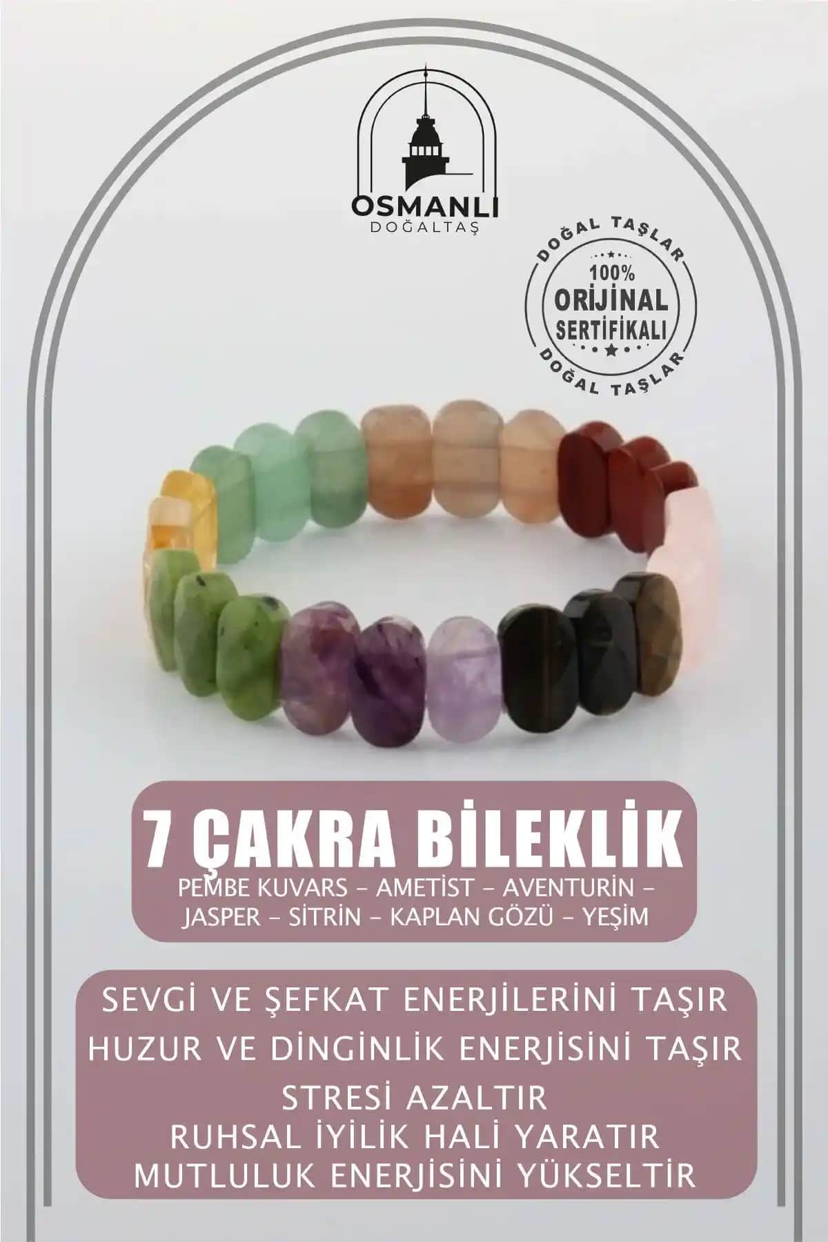 Osmanlı Doğal Taş Sertifikalı 7 Çakra Bileklik Enerji ve Estetik Dengeleyici Takı