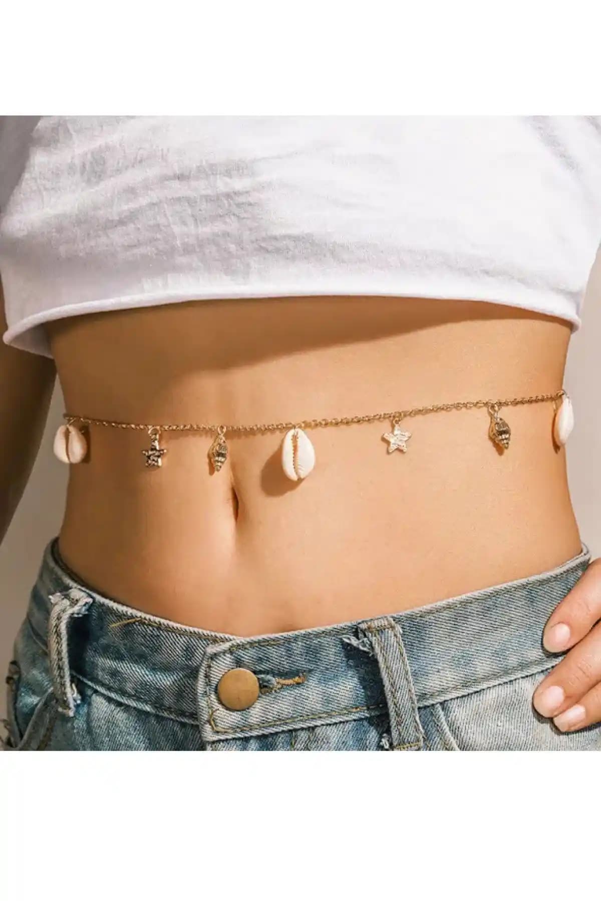 PETEK AKSESUAR Deniz Kabuklu Yılzıd Midye Göbek Bel Zinciri Şık ve Zarif Tasarım, Altın Kaplama, Doğadan İlham Alan Detaylar