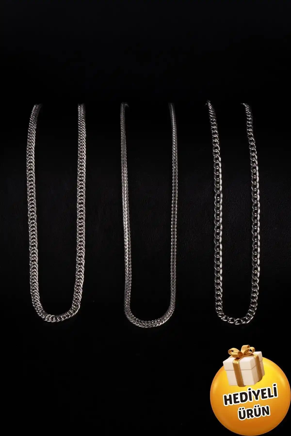 Piercing Market Steel & Silver 3'lü Zincir Kolye Seti Modern ve Şık Tasarım