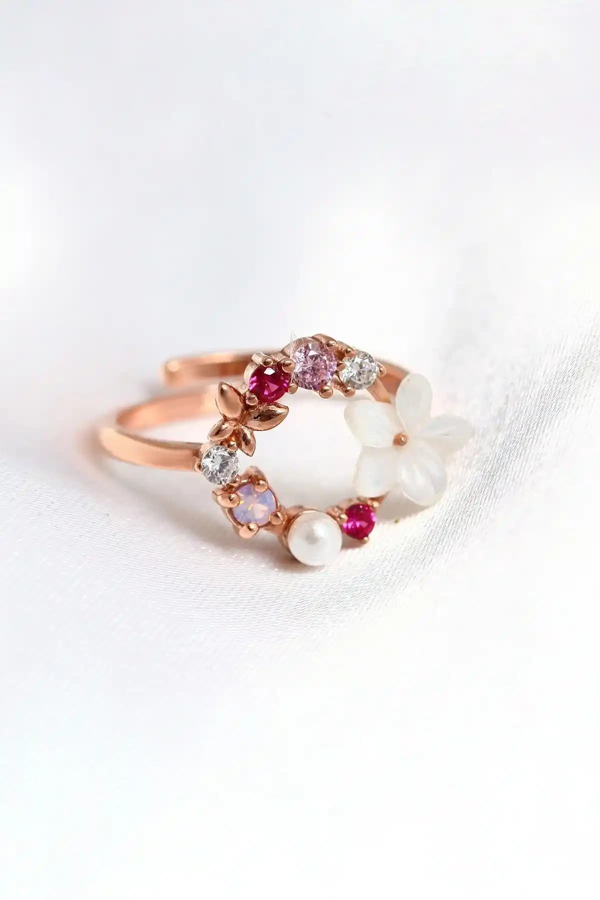 Sahira Jewelry Orkide ve Renkli Taşlı 14K Rose Altın Kaplama Kadın Yüzük